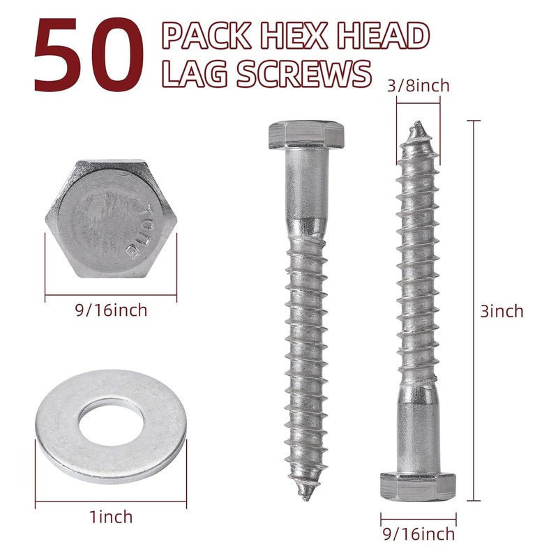 AiVeUao 50 Pack 304 Stainless Steel Wood Lag Screw, 3/8" x 3" Hex Head Lag Bolts, Heavy Duty Hex Head Lag Screws, Wood Screws 18-8 - Image 2